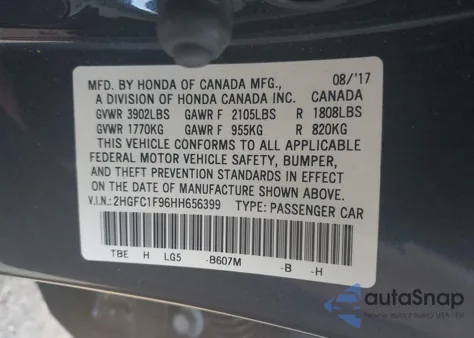2017 Honda Civic Touring from USA, damaged, VIN 2HGFC1F96HH656399